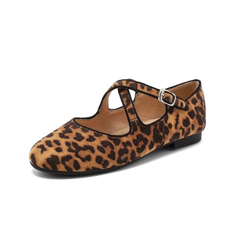 Women'S Shoes Round Toe - Women Leopard Flats Cross Buckle Strap